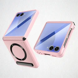 Magnetic Wireless Charging Kickstand Phone Case with Hinge Protection and Leather Cover - Galaxy Z Flip 8 (Pink)