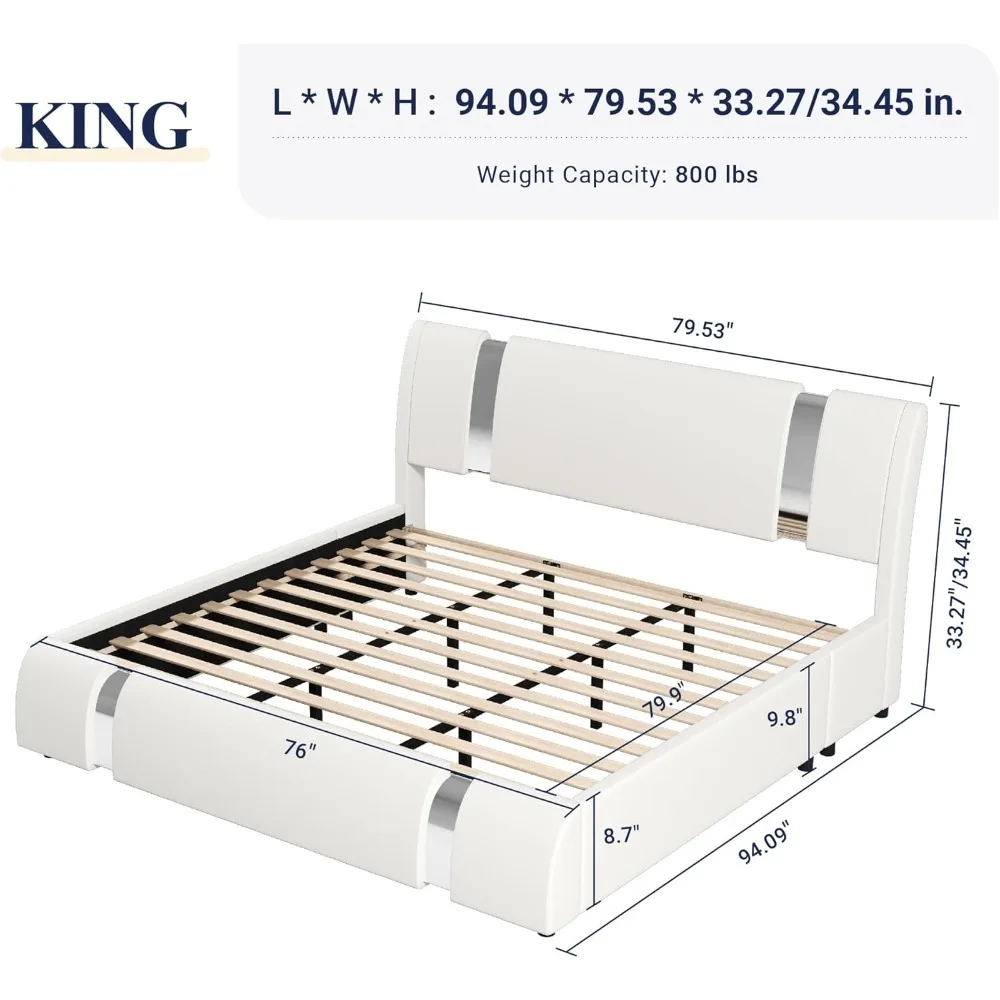 King Size Bed Frame with Iron Piece Decor, Faux Leather Upholstered Platform Beds with Adjustable Headboard, King Bed Frame 2