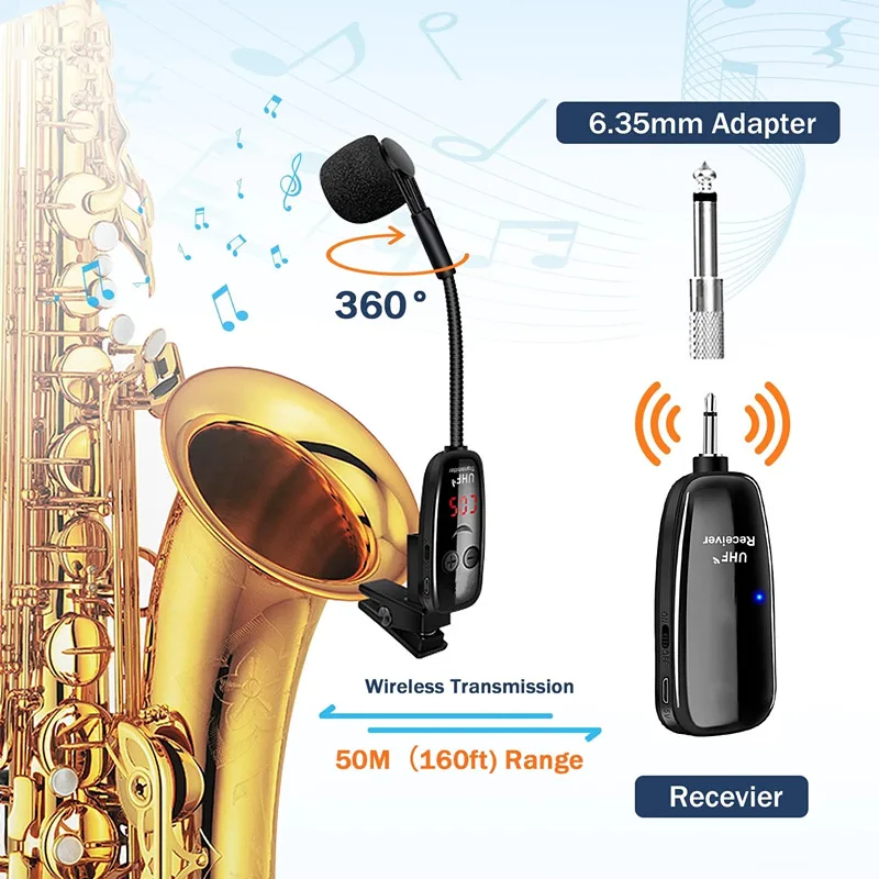 

U12SKS-T UHF Wireless Instrument Saxophone Microphone with Receiver Transmitter 50M Range Plug and Play Rechargeable for Trumpet