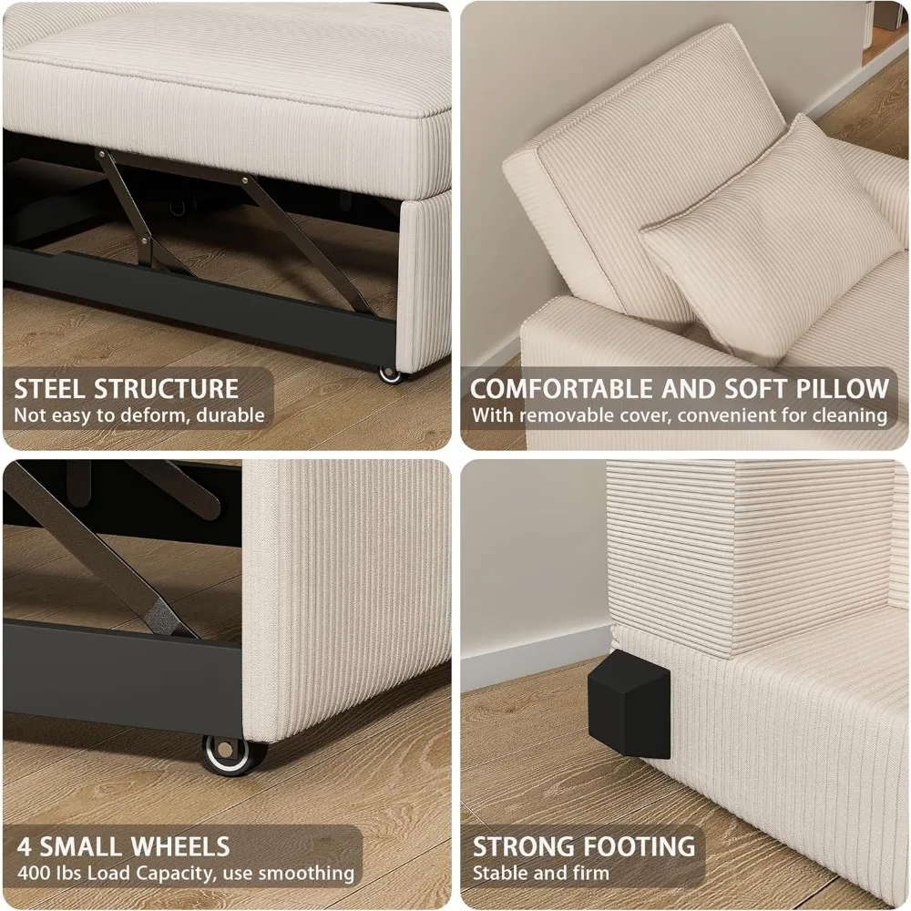 Living Room Chair with Throw Pillow, 3 in 1 Convertible Pull Out Sofa Chairs, Soft Corduroy Fabric Sofa Sleeper, Sleeper Chair