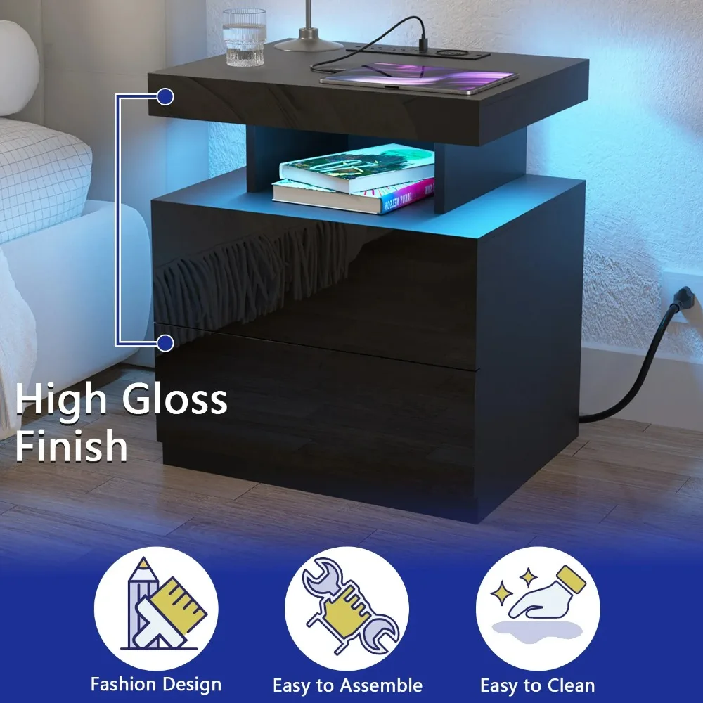 LED Nightstand with Wireless Charging Station Modern Nightstand Type C USB Port 2 Drawers Bedside Table Black Smart Night Table 6