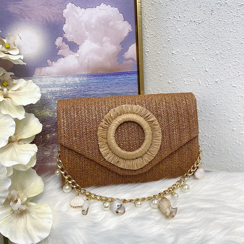 Summer Beach Straw Clutch Bag Cute Ball pendant Crossbody Bag for Women Travel Shoulder Bags Purse Ladies Casual Bags Wicker Bag