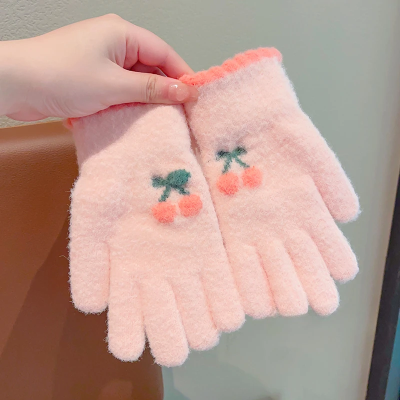 New Children Cute Knitting Cherry Heart Animals Soft Five Finger Gloves Boys Girls Outdoor Warm Gloves Kids Colors