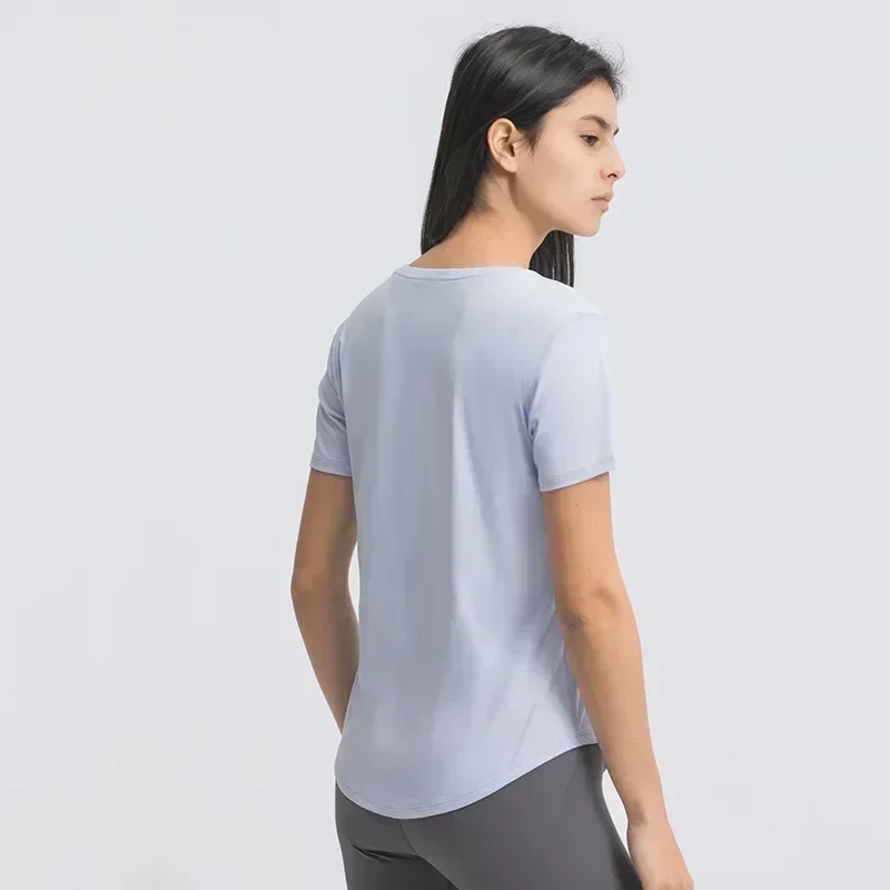Lemon Women Loose Yoga Short Sleeve Breathable Running Sports Top Curved Hem Casual Shirt Elastic Speed Dry Fitness Clothing