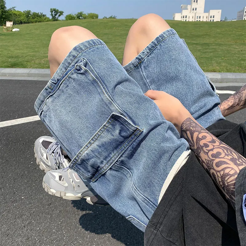 Men's 5XL Summer Wide Leg Denim Shorts New Fashion Loose Elastic Waist Large Pocket Baggy Jeans Shorts Men Korean Brand Clothing