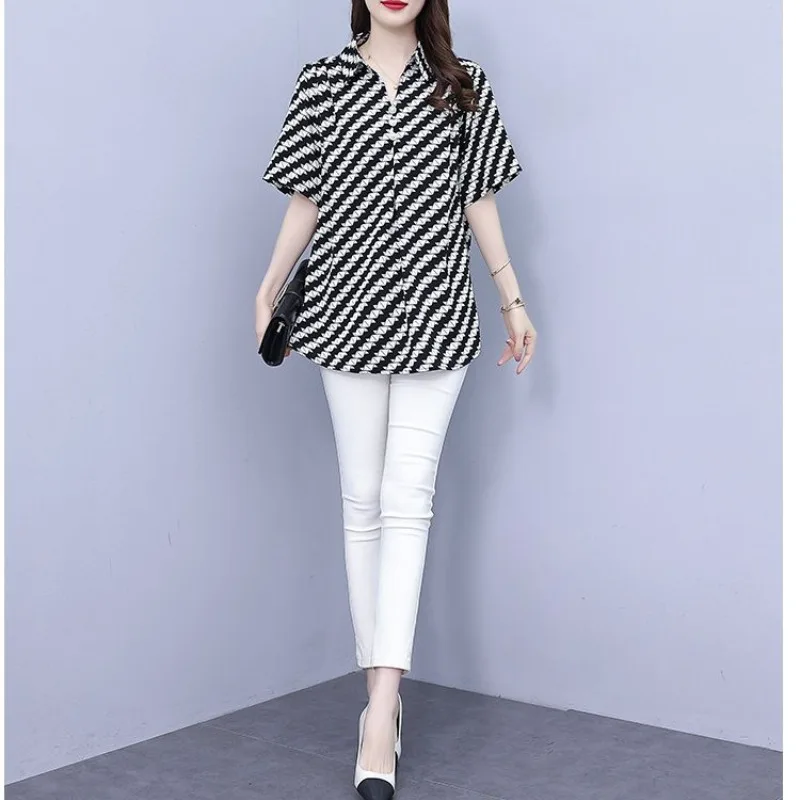 Korean Office Lady Summer New Shirts Women Polo Collar Button Striped Simplicity Versatile Loose Short Sleeve Mid-length Tops