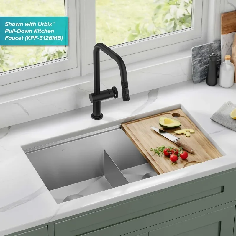33-Inch Undermount Workstation 16 Gauge Double Bowl Stainless Steel Kitchen Sink with Accessories, KWU112-33 2