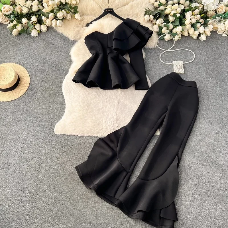 

Autumn High Quality Dirty and Atmospheric Women Pants Suit Fashion Ruffled Tops with Flared Pants Women Ruffles Two-piece Set