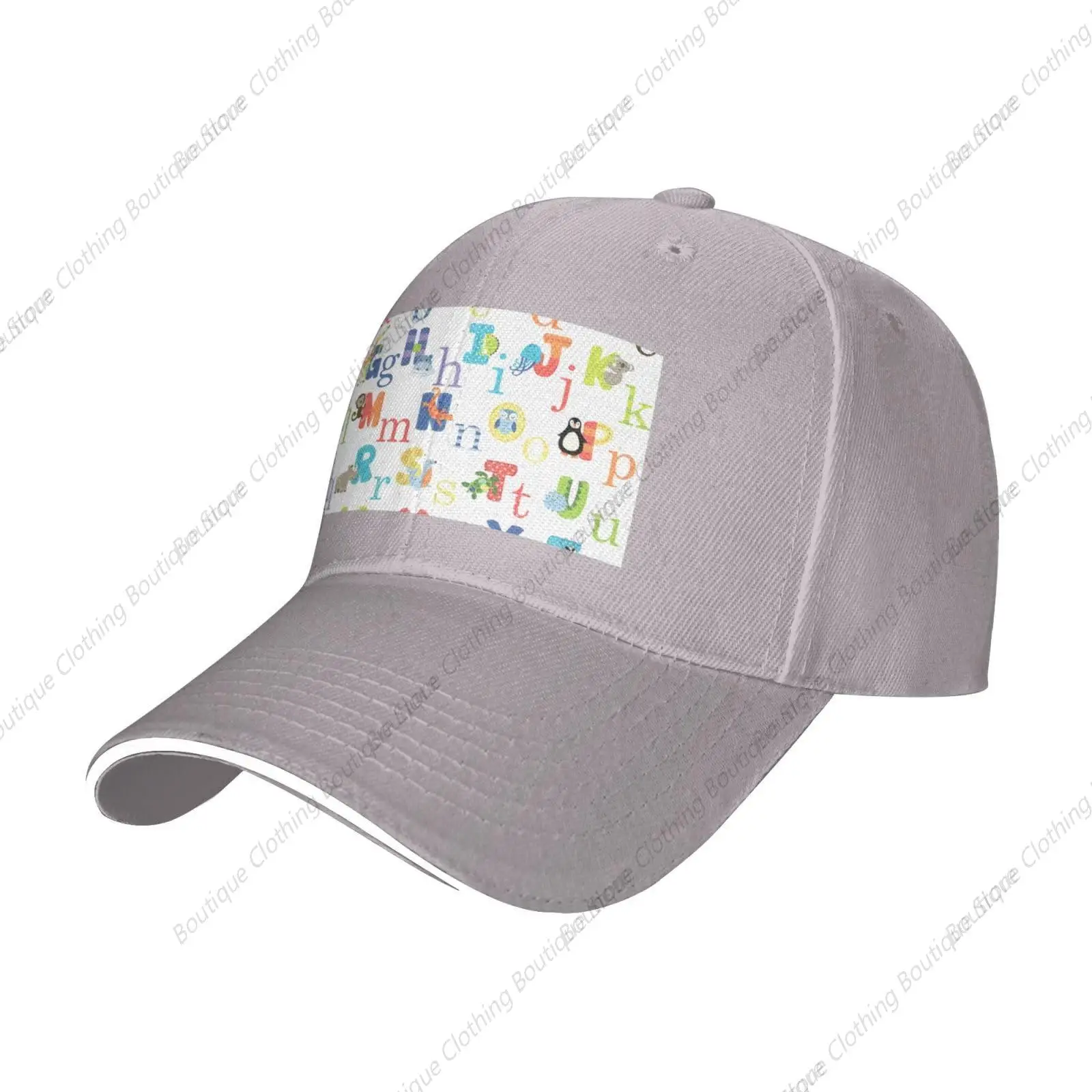 Colourful Animal Alphabet print Sandwich Baseball Cap, Classic Baseball Cap, Adjustable Fashion Outdoor Cap Gray
