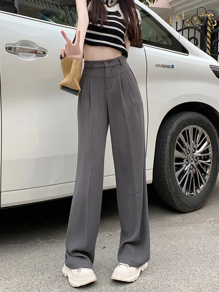 Pendant Grey Suit Pants For Women Summer Korean Version 2023 New High Waist Wide Leg Casual Pants Straight Leg Pants