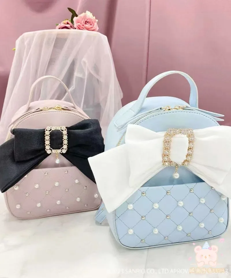 Japanese Rojita Rhinestone Bowknot Shoulder Bag Student Girls Pearl Bow Mine Mass-Produced Backpack Cute Leather Bags