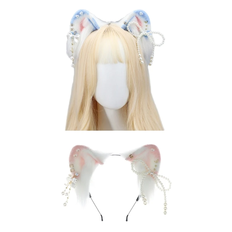

Cartoon Cat Ear Shape Hair Hoop with Pearl Bowknot Decors Hair Holder Cosplay Party Headwear for Teenagers Adult