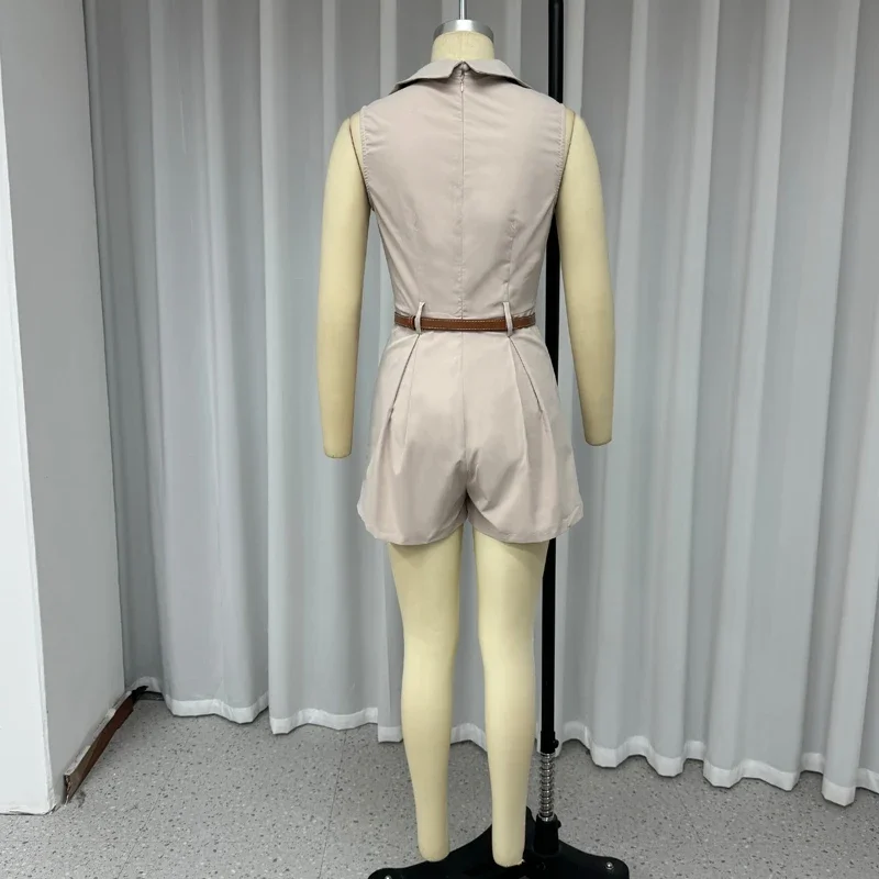 2024New Women Jumpsuit Office Stylish Casual Lapel Sleeveless Solid With Belt Pleated Short Summer Romper Set High Streetwear