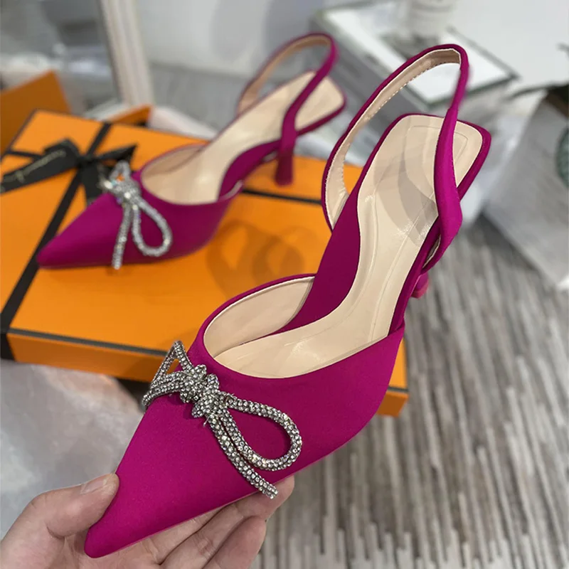 New Women Sandals Pointed Toe Butterfly Knot Crystal  Female Pumps Flock Thin High Heels Sexy Plus Size Ladies Fashion Shoes