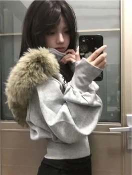 Women's Fleece Lined Hooded Jacket American Style Short Sweatshirt Coat High Waist Slimming Autumn Winter Outerwear