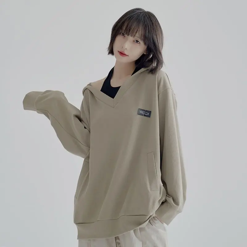 Oversized Harajuku Women Hoodies V-neck Casual Japanese Style Sportswear Autumn Fashion Sweatshirts Female Pullovers