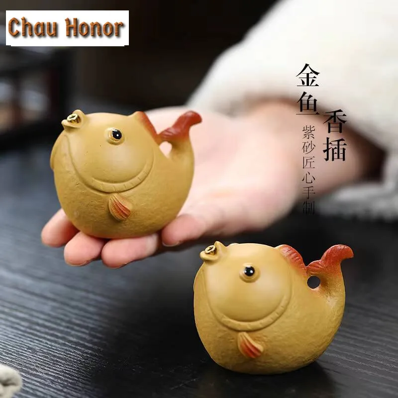 Boutique Goldfish Purple Clay Tea Pet Japanese Tea Figurine Tea Statue Fish Incense Holder Tea Ceremony Tea Supplies Ornaments