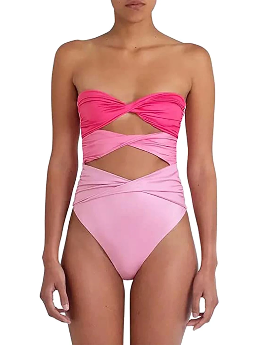 

Women's Summer Bandeau Swimsuit Strapless Twist Front Cut Out Contrast Color Bathing Suit Beachwear Women's Swimwear Summer