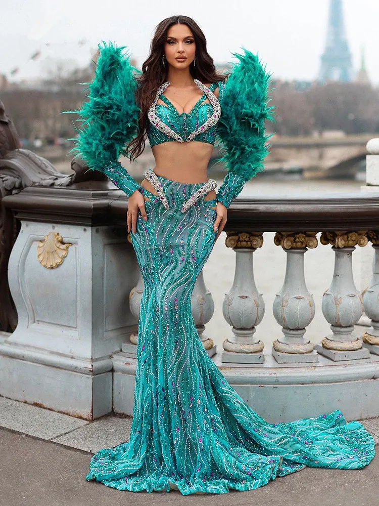 

Women Luxury Dress Sexy Long Sleeve Sequins Feather Green Maxi Long Mermaid Gowns Celebrity Runway Evening Party Club Dress
