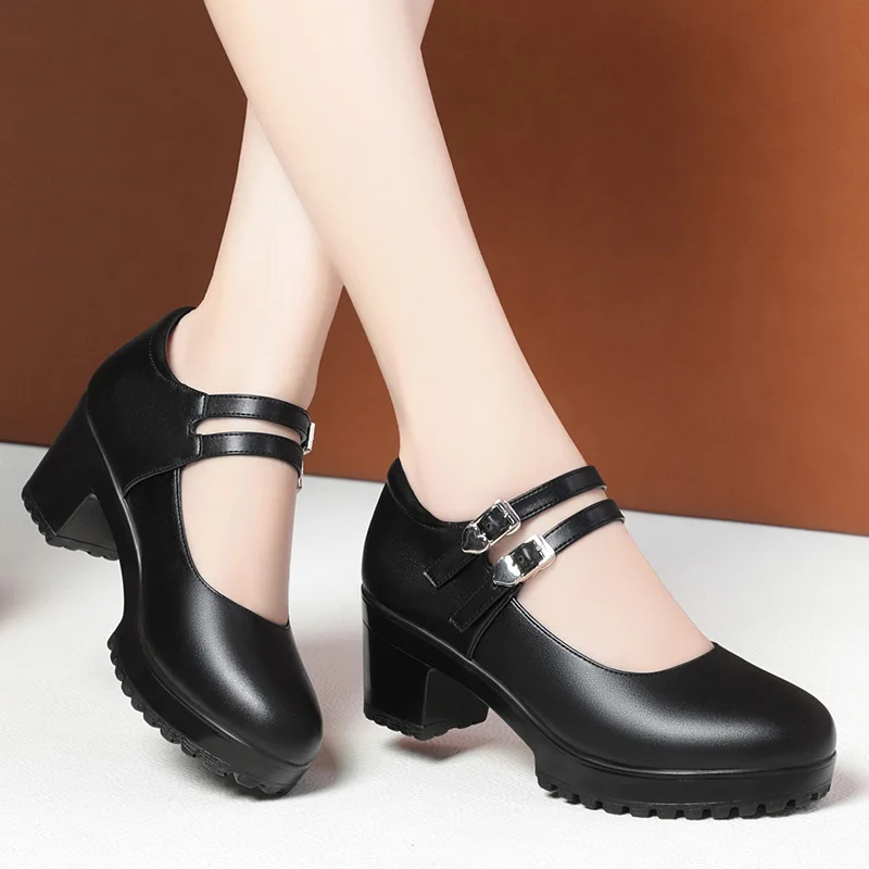 Vintage Shallow Soft Leather Shoes Block High Heels Mary Jane 2024 Thick Platform Pumps For Office Mom Elegant Wedding Party - Image 2