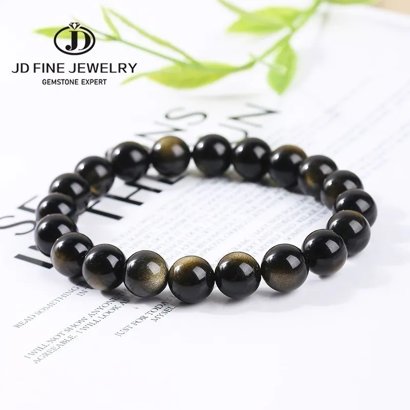 JD Natural Stone Gold Color Obsidian Irisation Bead Bracelet Women Men Charm Health Protect Healing Energy Bangles Yoga Jewelry charm bracelet,obsidian bracelet,chakra beads bracelet
