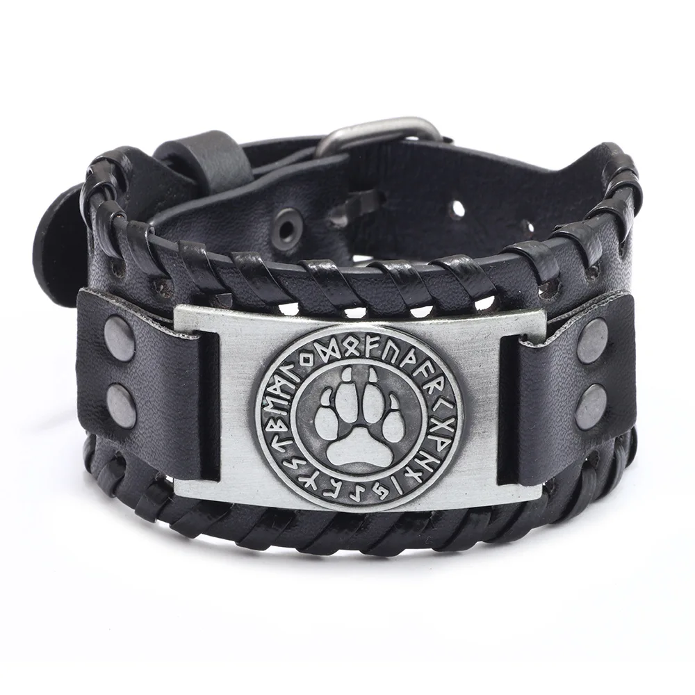 Nordic Viking Rune Bear Paw Pattern Bracelet Men's Metal Leather Woven Jewelry Animal Accessories Party Gift bangle bracelet,leather bracelets,leather bracelet,woven bracelets