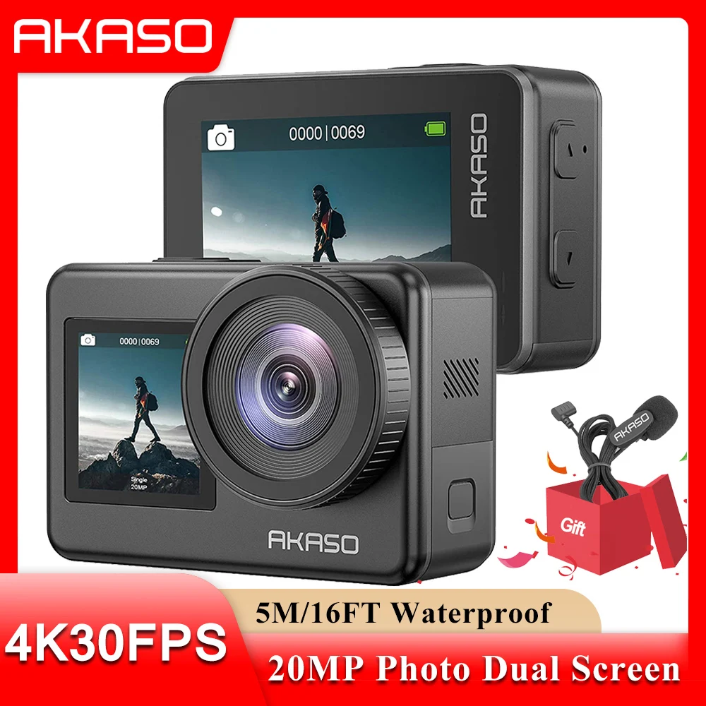 Экшн-камера AKASO Brave 7, 4K, 30 кадров/с, 20 МП, Wi-Fi, сенсорный экран, Спортивная камера, EIS 2,0, зум, голосовое управление, водонепроницаемая камера с поддержкой микрофона