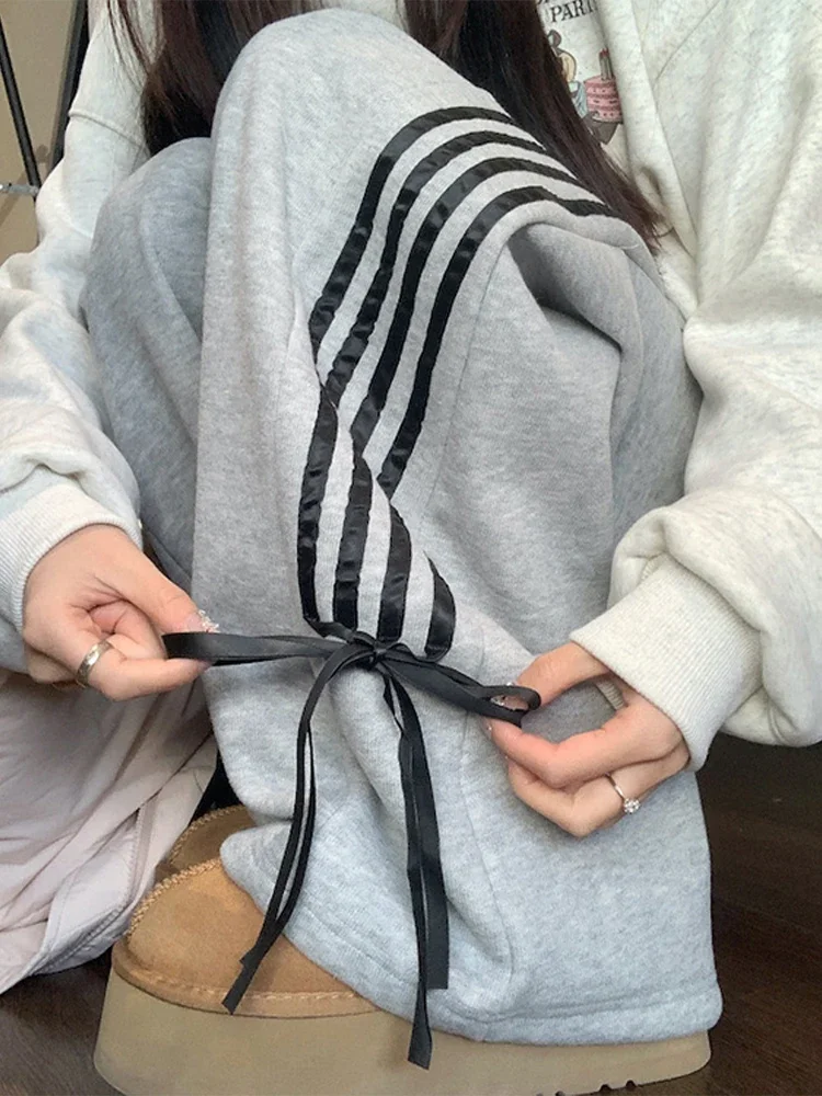Women Stripe Sweatpants 2024 Spring Summer Bow Y2k Simple Casual High Waist Straight Wide Leg Trouser Female Sporting Trousers
