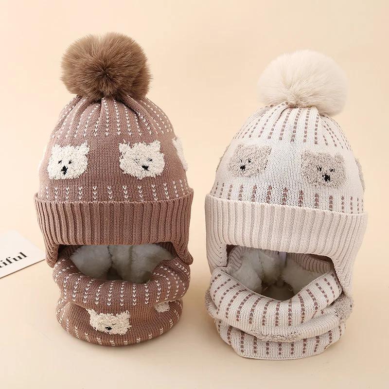 Winter Boys' Cartoon Jacquard Little Bear Knitted Hat Scarf Two Piece Set Children's Warm Velvet Ear Protection Hat
