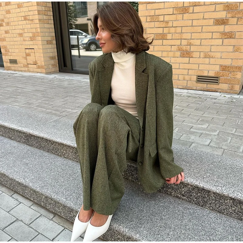 Elegant Coat Pant Sets Woman Fashion Lapel Long Sleeve Single Breasted Blazer Wide Leg Pants 2 Piece Set For Women Loose Outfits