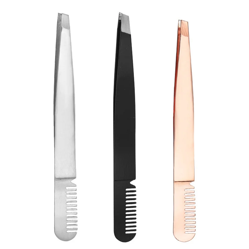 Professional Eyebrow Tweezer With Eyebrow Brush Comb Stainless Steel