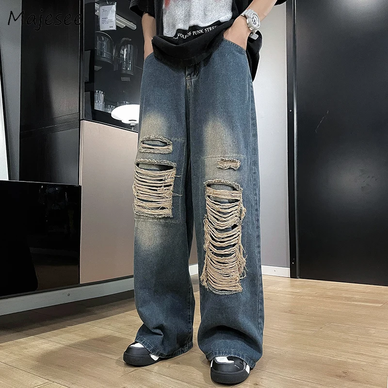 

Men Jeans Vintage Ripped Baggy S-3XL Patchwork Denim Trousers Vaqueros Distressed American Streetwear Retro Fashion Джинсы Teens