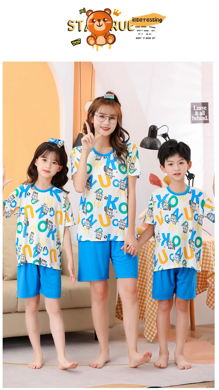 2 pieces for boys and girls pajamas Summer parent-child thin short sleeve cute neutral children's set Cute Children's homewear