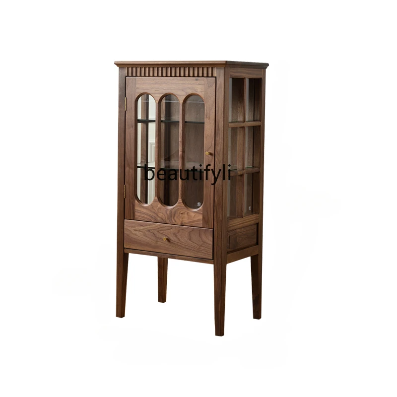 

Living Room Retro Display Cabinet Made of Glass Low Cabinet Black Walnut Solid Wood Side Cabinet Nordic Locker