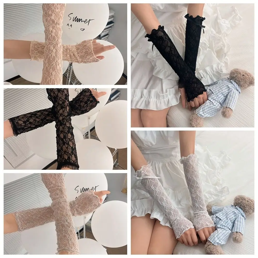 Bowknot Lace Gloves Kawaii Ruffle Fingerless Lace Arm Sleeves UV Protection JK Girls
