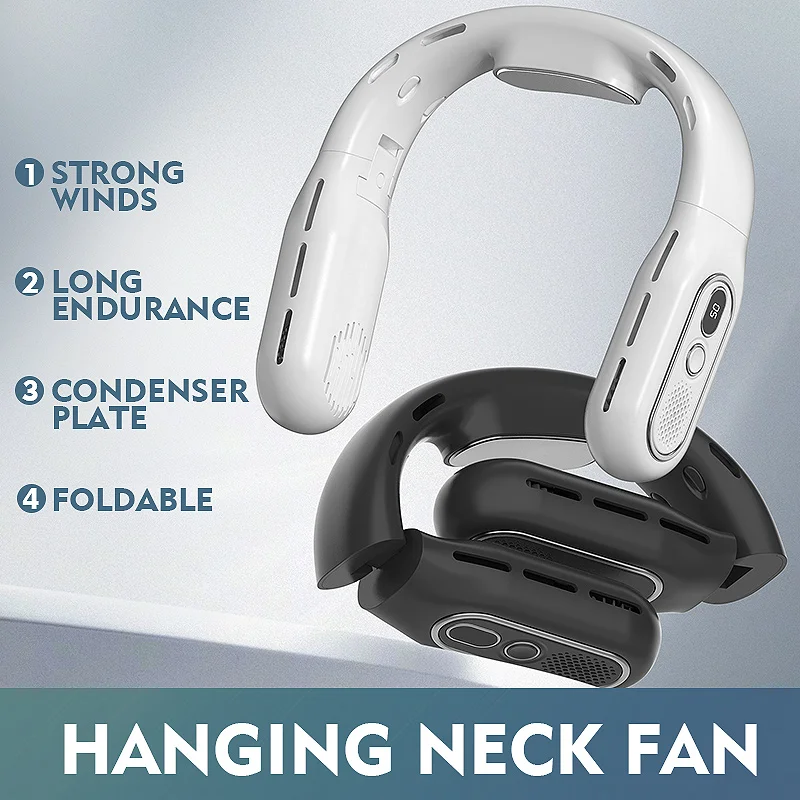목걸이형 선풍기 디지털 디스플레이, 블레이드 디자인 없음, 조절 가능, 휴대용 강한 바람, 초저소음, 야외 접이식 웨어러블 선풍기 