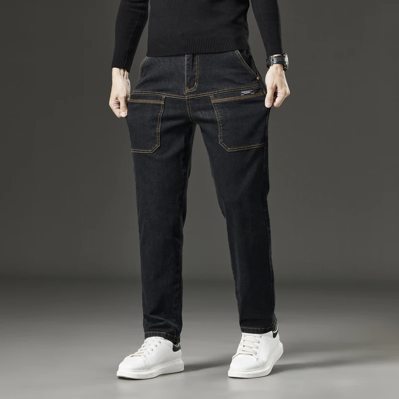 6 Pocket Design Denim Jeans Men's 2024 New High Elasticity Denim Casual Trousers Straight Male Pants Fashion Mid-waist Jeans 5