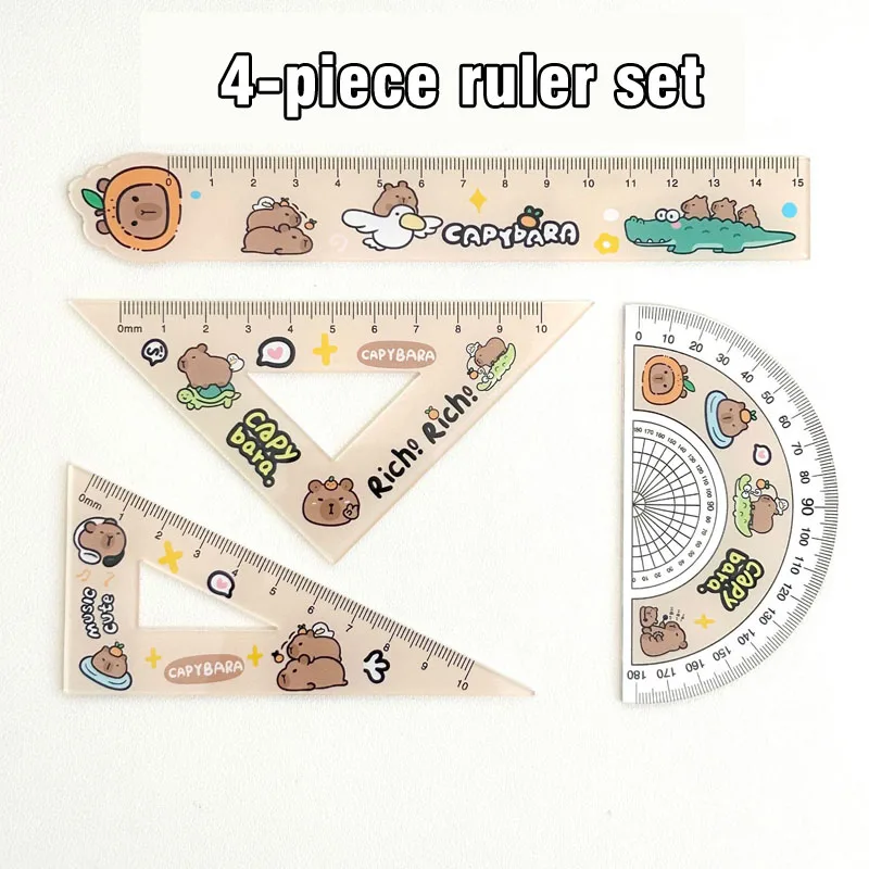 4 PCS Cute Cartoon Capybara Metric Ruler Plastic Straightedge High Appearance Measuring Too Triangle Ruler Student Protractor