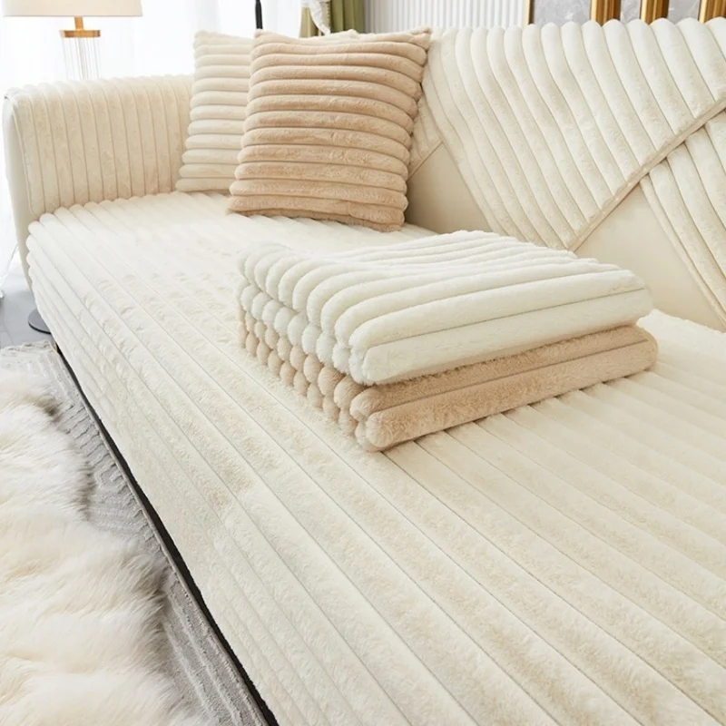 Thicken Plush Stripe Sofa Cover Image 4