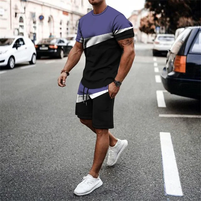 2022 New Summer Men's Suit Casual Beach Shorts Suit Sea View 3D Printing Short Suit Ordinary O-neck T-shirt 2-piece Set Oversize TS1276