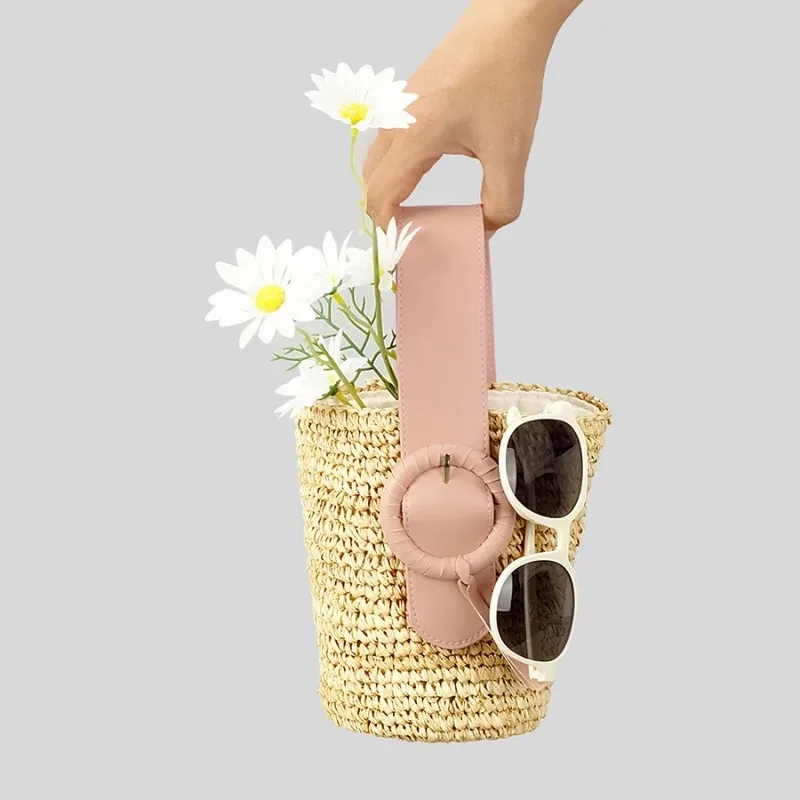 Fashion Straw Bucket Bag Designer pu leathe handle Women Handbags papar woven summer Beach Small Tote Bali Purse 2023 Female Bag