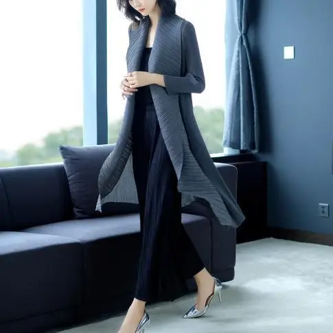 Luxury Pleated Coat New Turn Down Collar Long Sleeve Mid-length Trench Coat Oversized Windbreaker Cardigan High-end Chic Jackets