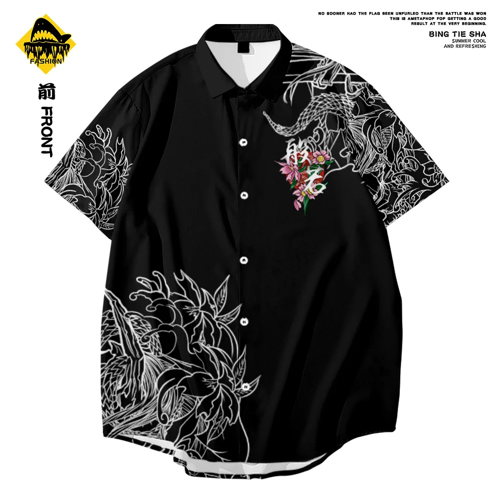 Men Hawaiian Shirt men hawaiian shirt Japanese Style Demon Print Shirt Fashion Summer Short Sleeve Harajuku Anime Men Oversized Clothing