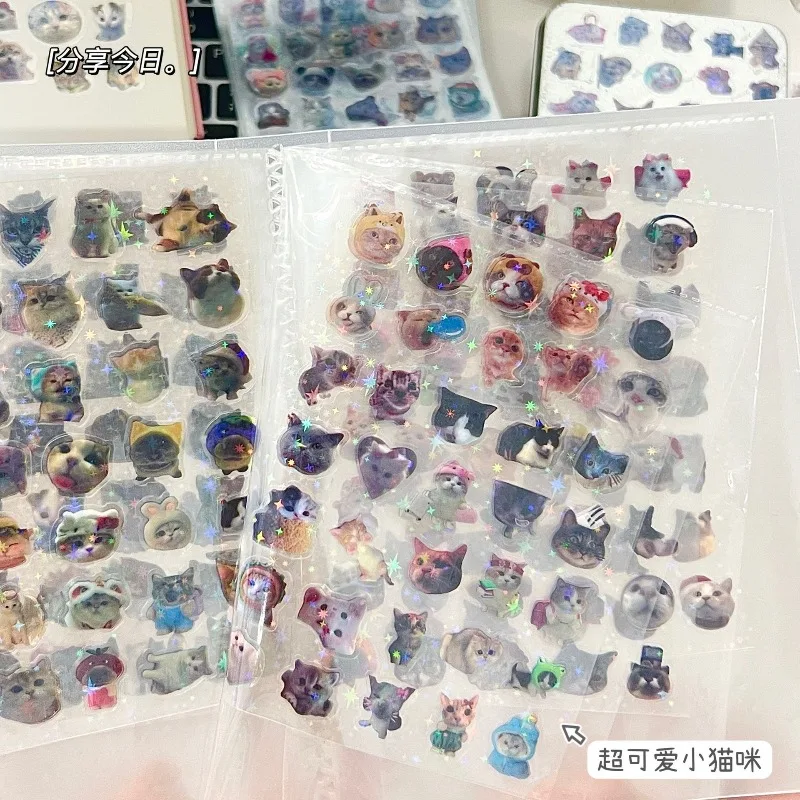 10pcs 고양이 레이저 스티커 메모 애완 동물 반짝이 방수 반투명 재미 있은 편지지 귀여운 스크랩북 재료 공예 용품
