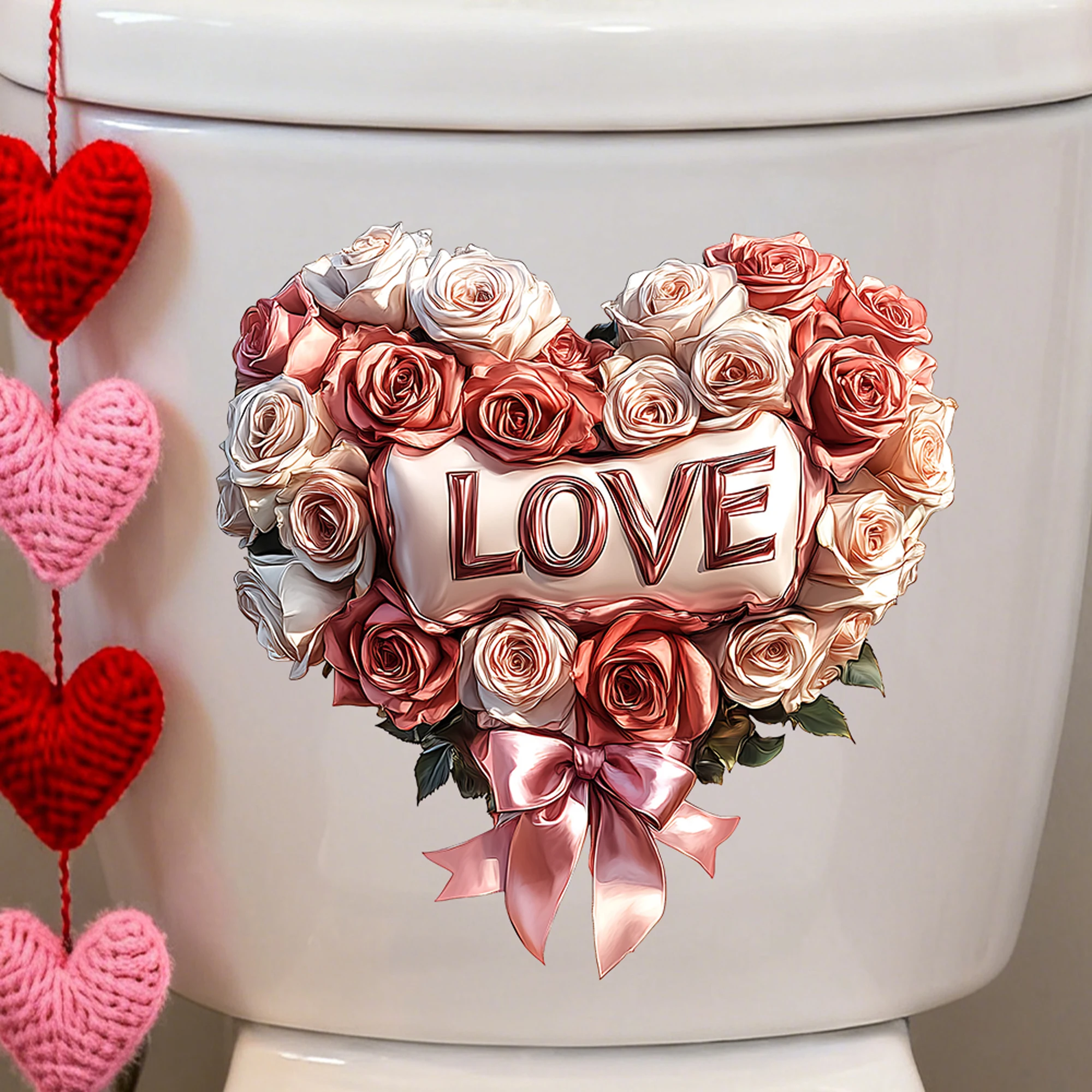 Valentine s Day Love Heart Toilet Seat Cover Stickers Romantic Rose Flower Wall Decals Bathroom Decorations