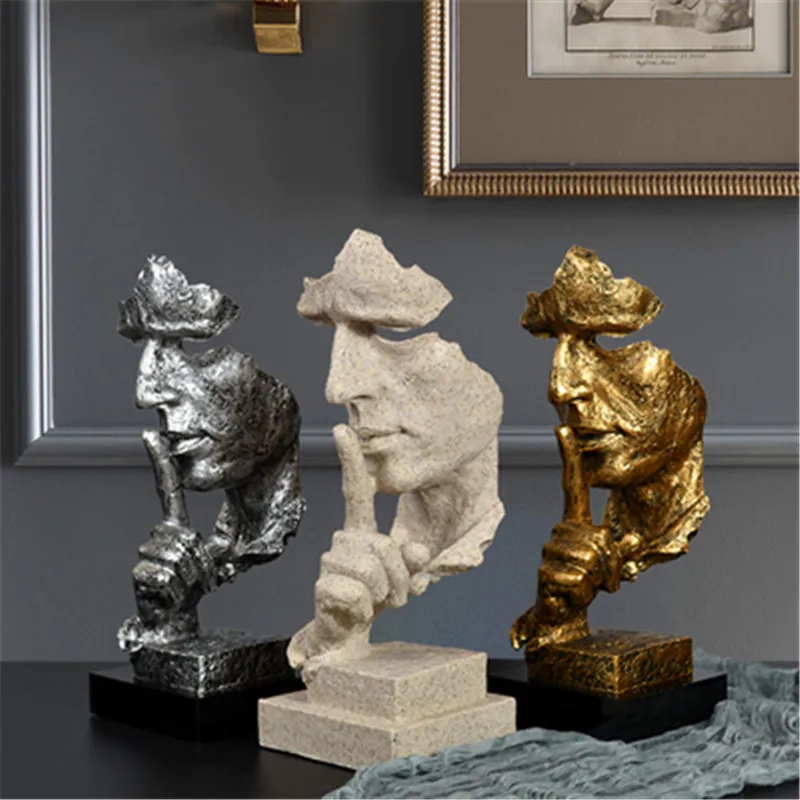 

Nordic Silence Is Golden Statue Resin Abstract Sculpture Figurine Modern Art Office Desk Decor Vintage Mask Craft Creative Gift