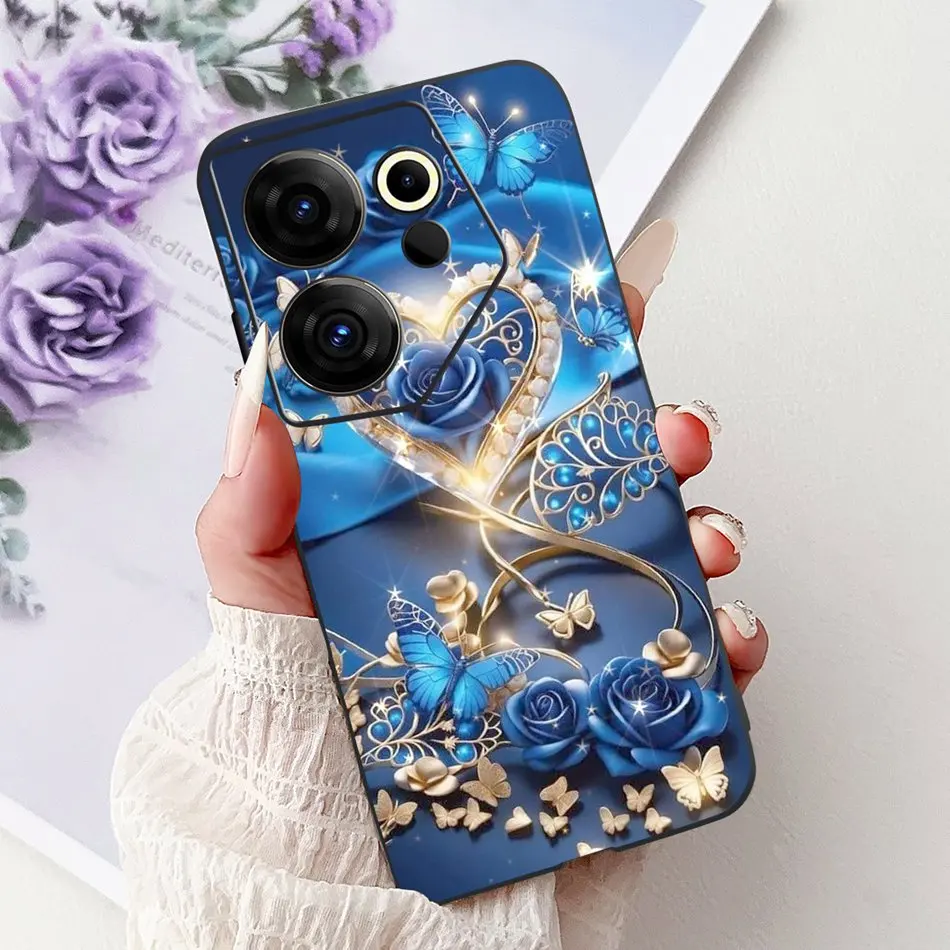 Tecno Camon 20 Premier Elegant Floral Cat Design Black Silicone Phone Case