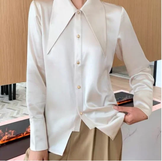 

Блузка Женская атласная с длинным рукавом, модная свободная винтажная рубашка на пуговицах, офисный шикарный топ с лацканами в Корейском стиле, осень