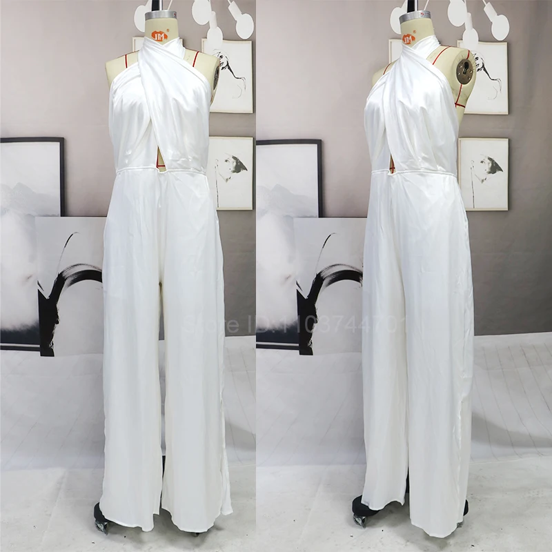 2024 Summer Women Jumpsuits Sexy Elegant Backless Halter White Rompers Female Solid Wide Leg Loose Pants Overalls Jumpsuits