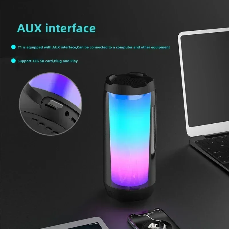 휴대용 블루투스 스피커 전체 화면 다채로운 조명 3D 스테레오 HiFi 베이스 무선 TF AUX 입력 서브우퍼 (휴대폰, PC, 노트북용)